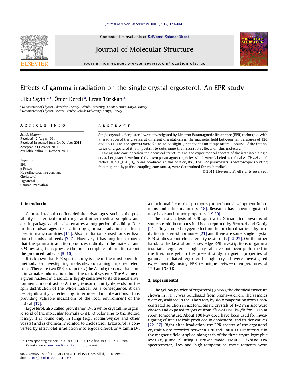 Effects of gamma irradiation on the single crystal ergosterol: An EPR study