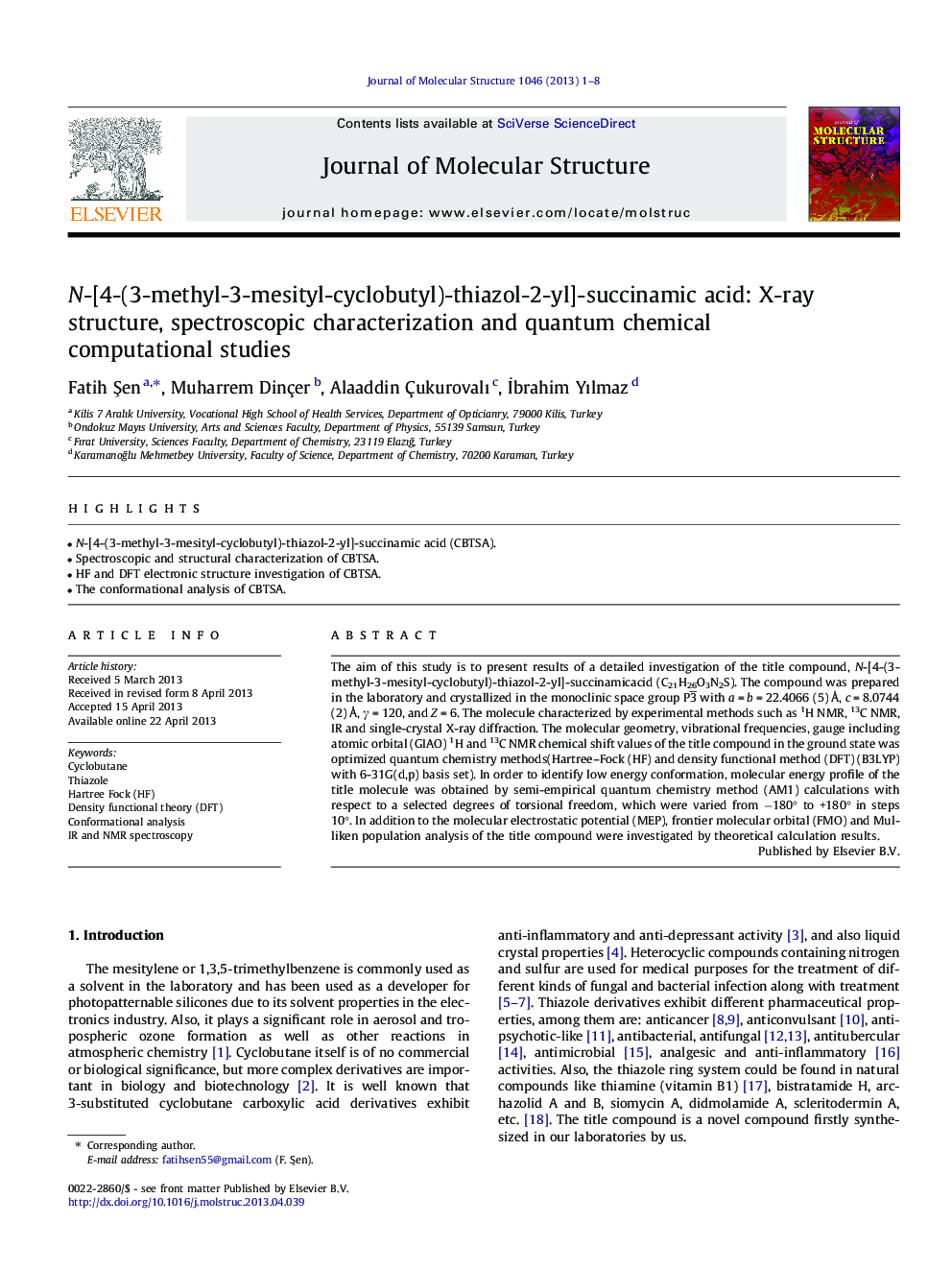 N-[4-(3-methyl-3-mesityl-cyclobutyl)-thiazol-2-yl]-succinamic acid: X-ray structure, spectroscopic characterization and quantum chemical computational studies