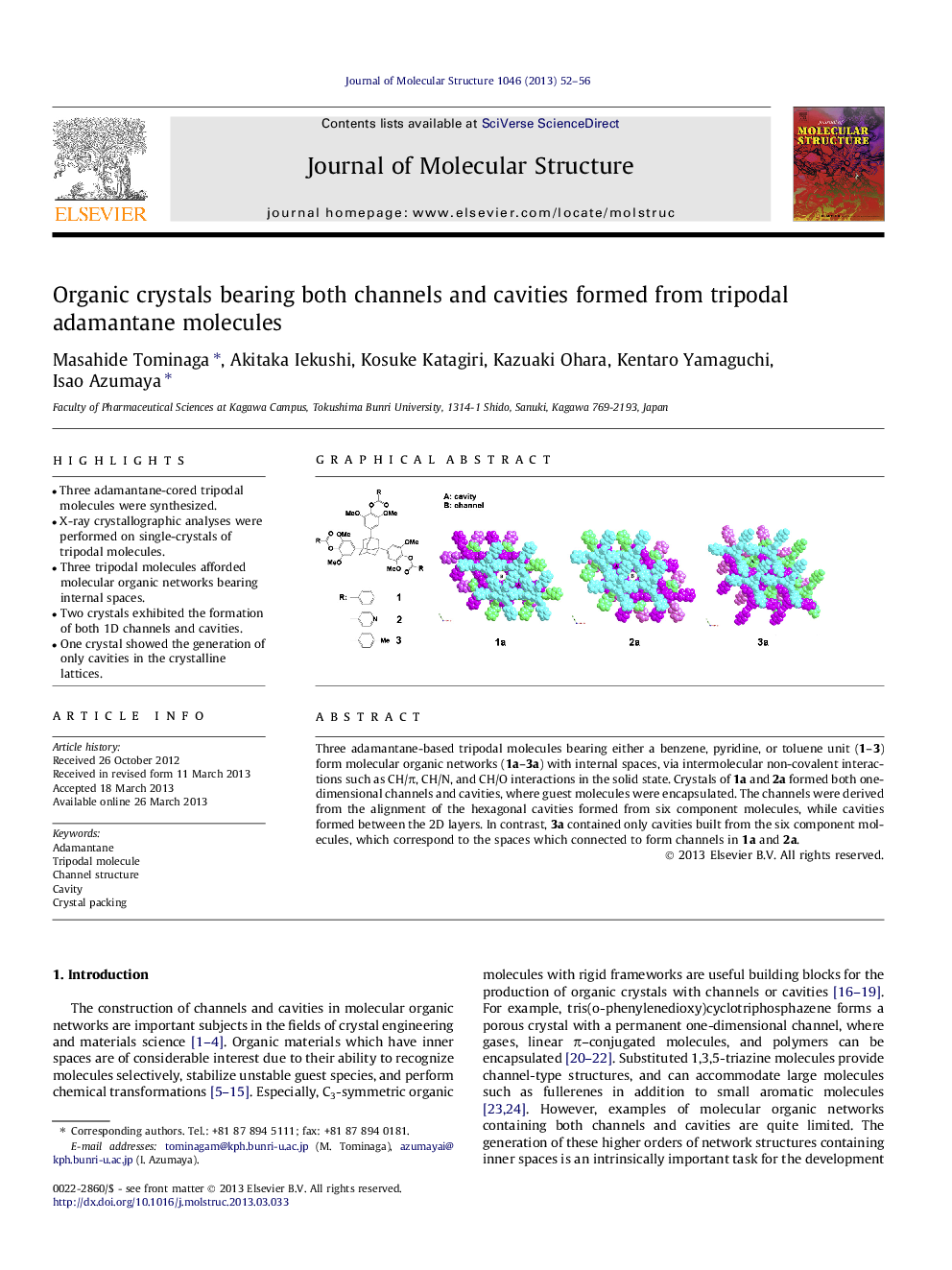 Organic crystals bearing both channels and cavities formed from tripodal adamantane molecules