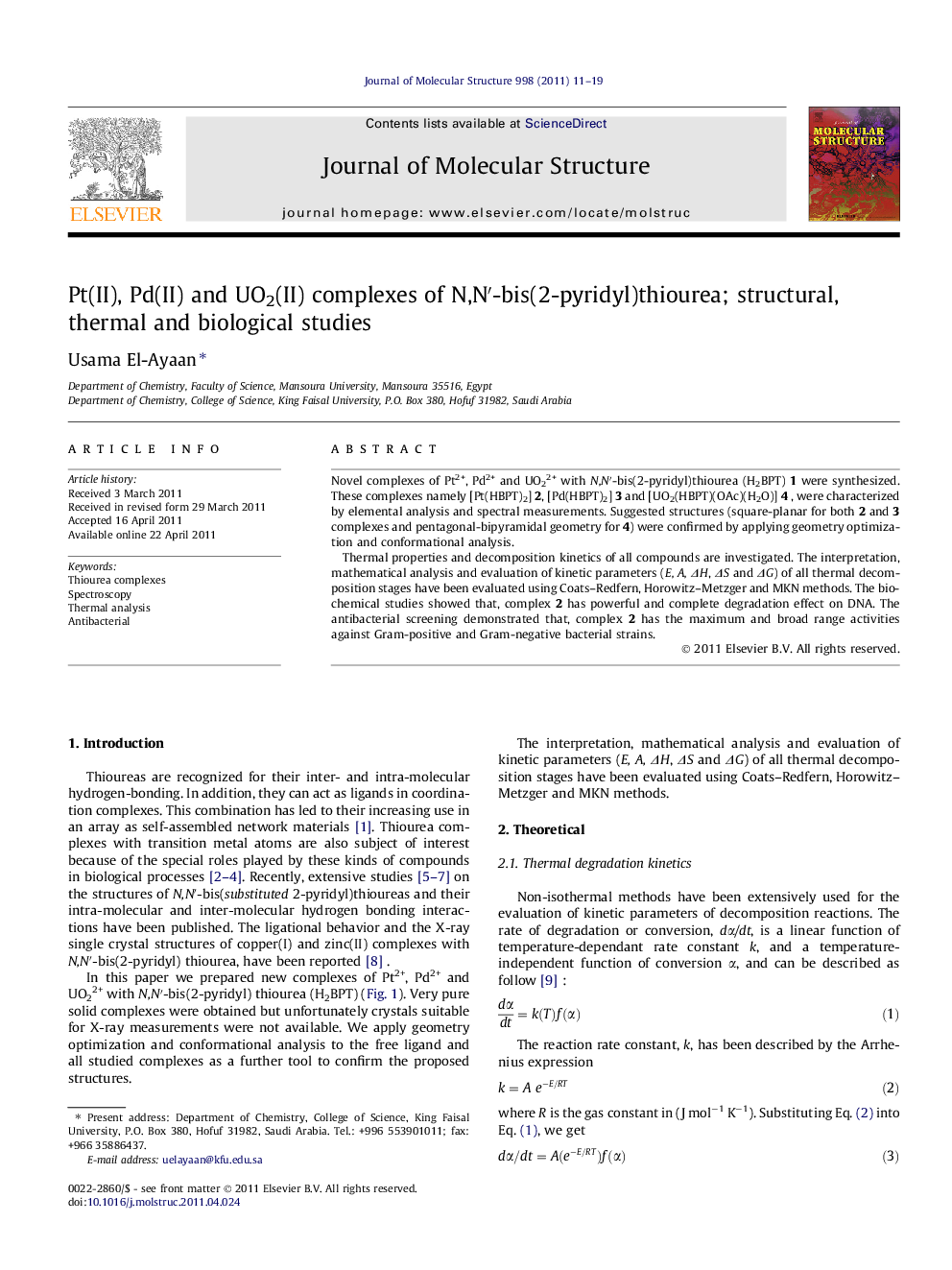 Pt(II), Pd(II) and UO2(II) complexes of N,Nâ²-bis(2-pyridyl)thiourea; structural, thermal and biological studies