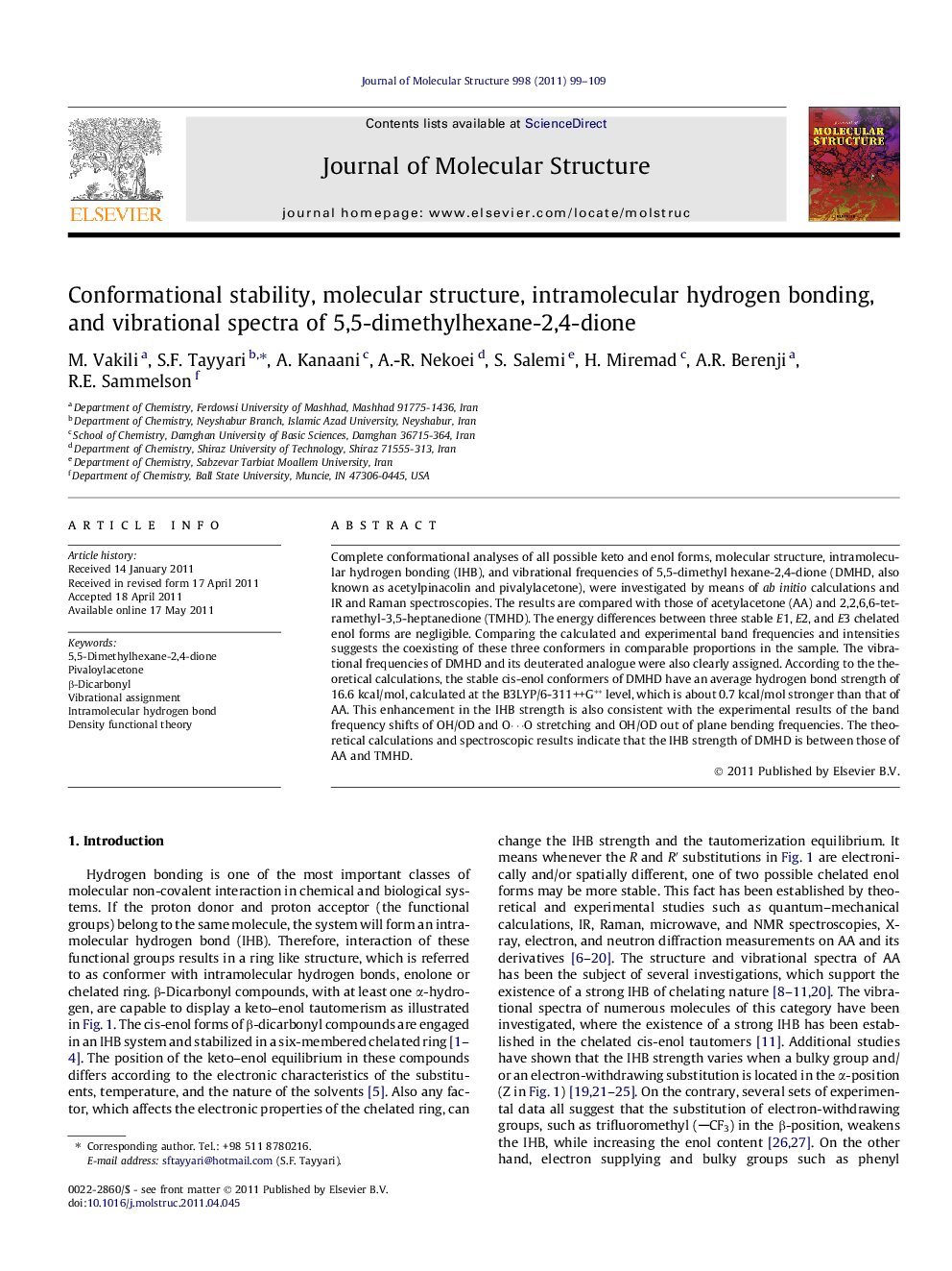 Conformational stability, molecular structure, intramolecular hydrogen bonding, and vibrational spectra of 5,5-dimethylhexane-2,4-dione