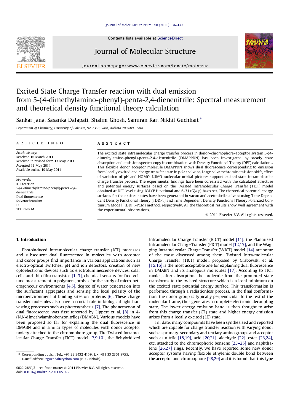 Excited State Charge Transfer reaction with dual emission from 5-(4-dimethylamino-phenyl)-penta-2,4-dienenitrile: Spectral measurement and theoretical density functional theory calculation