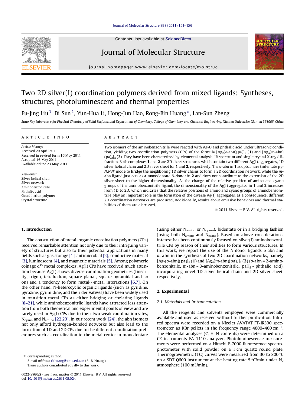 Two 2D silver(I) coordination polymers derived from mixed ligands: Syntheses, structures, photoluminescent and thermal properties