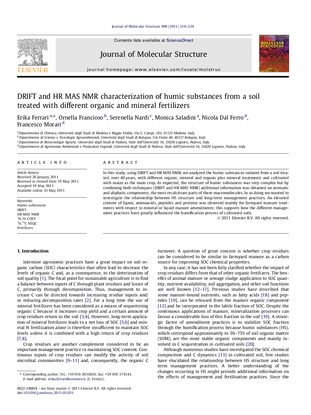 DRIFT and HR MAS NMR characterization of humic substances from a soil treated with different organic and mineral fertilizers