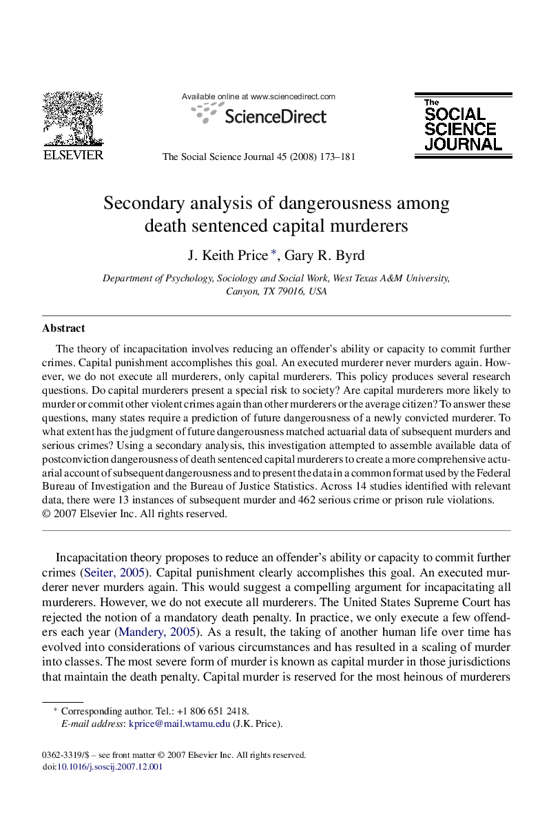 Secondary analysis of dangerousness among death sentenced capital murderers