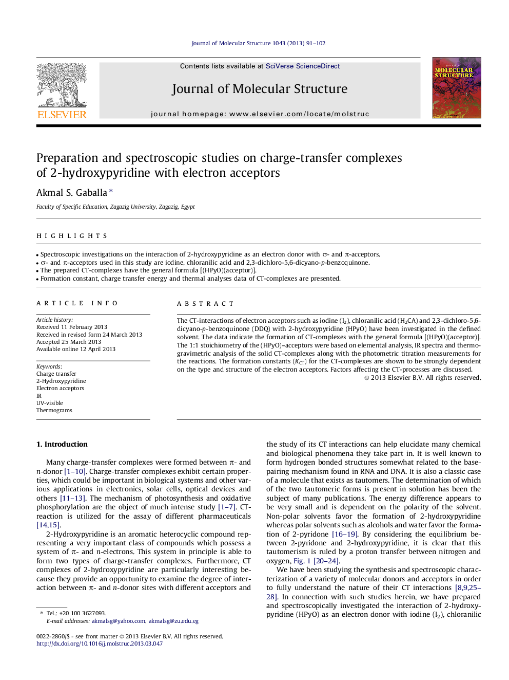 Preparation and spectroscopic studies on charge-transfer complexes of 2-hydroxypyridine with electron acceptors