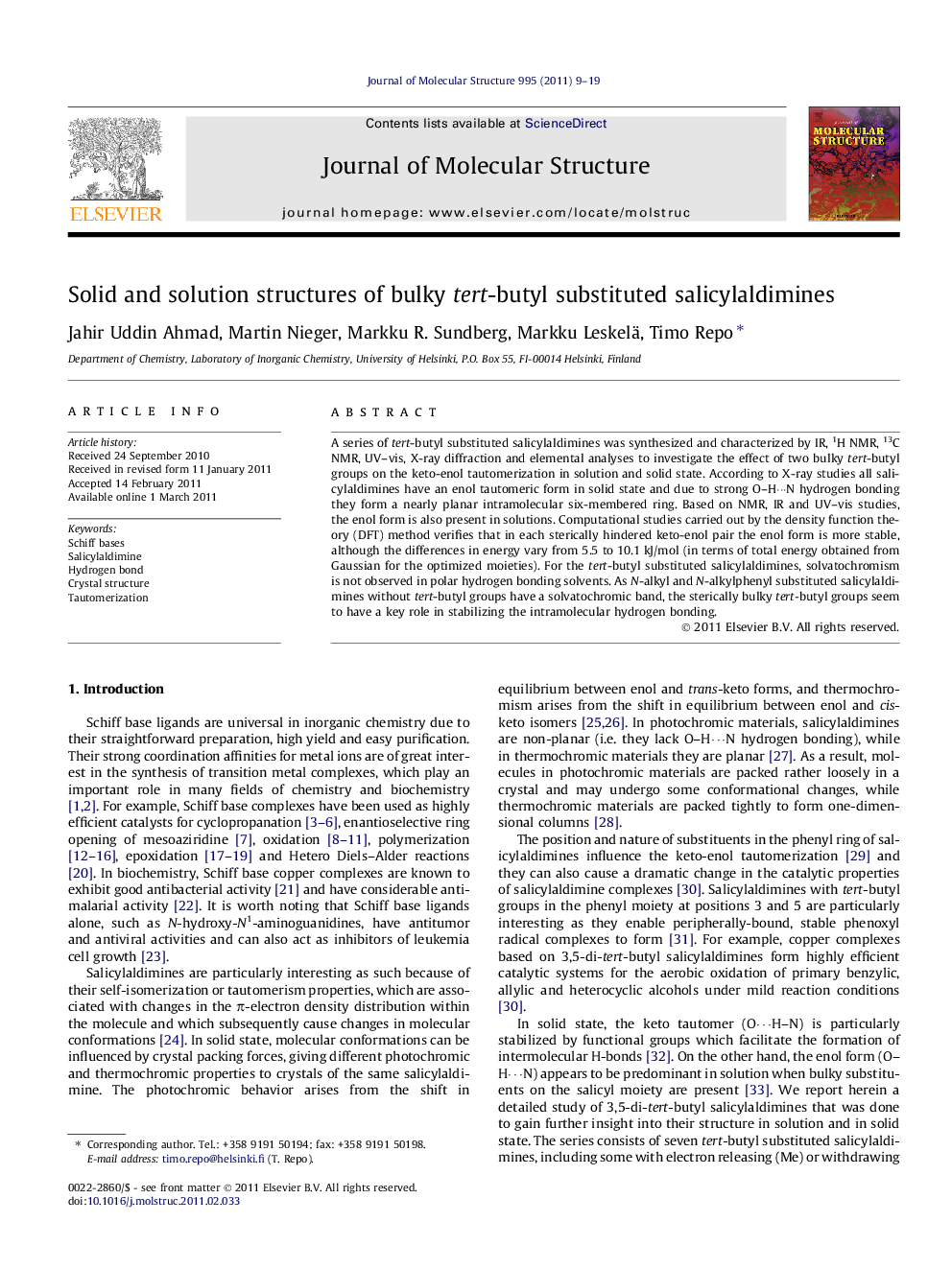 Solid and solution structures of bulky tert-butyl substituted salicylaldimines