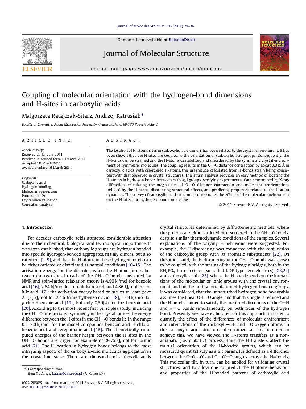 Coupling of molecular orientation with the hydrogen-bond dimensions and H-sites in carboxylic acids