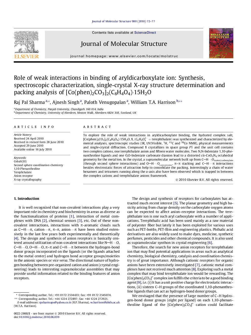 Role of weak interactions in binding of aryldicarboxylate ion: Synthesis, spectroscopic characterization, single-crystal X-ray structure determination and packing analysis of [Co(phen)2CO3]2(C8H4O4)·15H2O