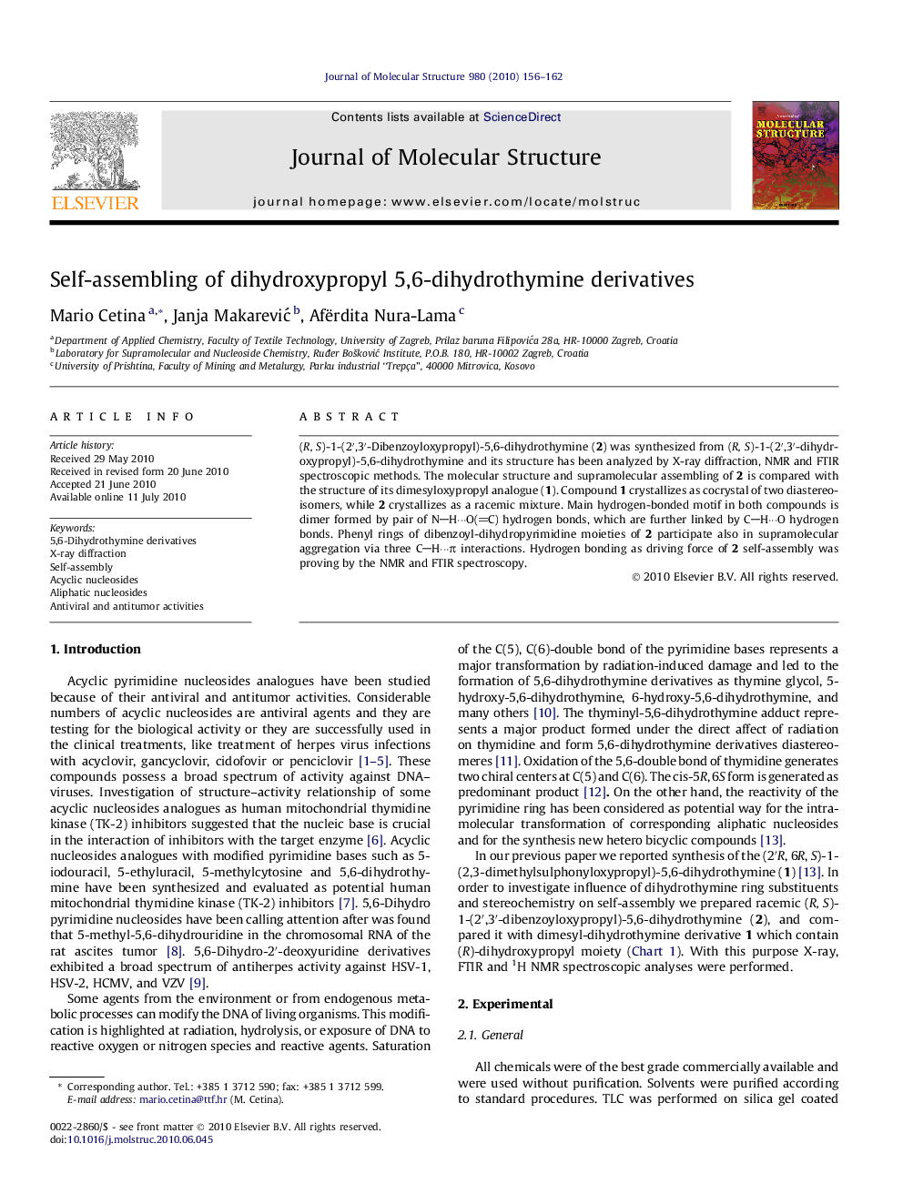 Self-assembling of dihydroxypropyl 5,6-dihydrothymine derivatives