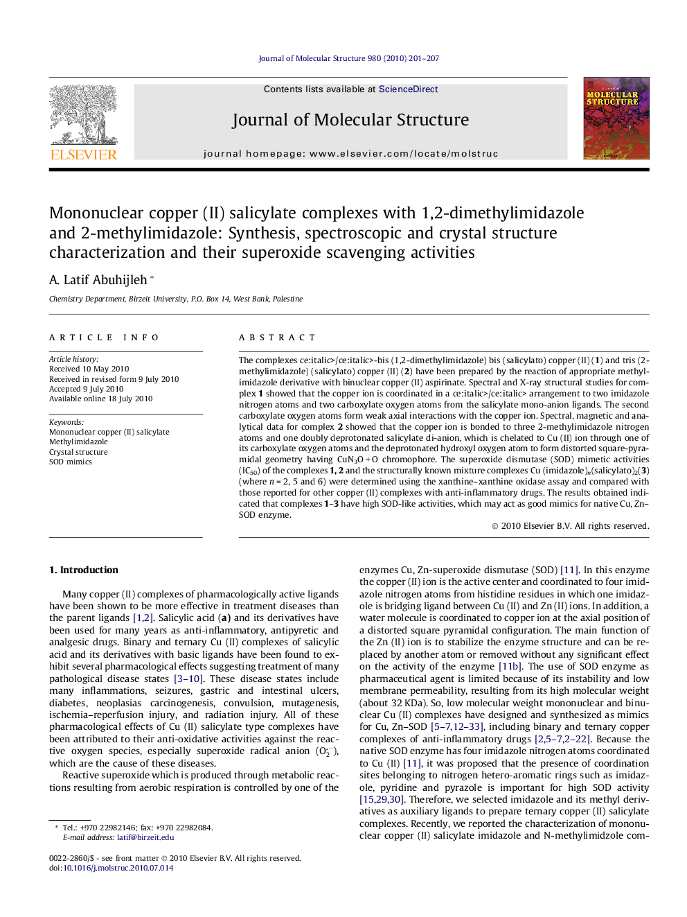 Mononuclear copper (II) salicylate complexes with 1,2-dimethylimidazole and 2-methylimidazole: Synthesis, spectroscopic and crystal structure characterization and their superoxide scavenging activities