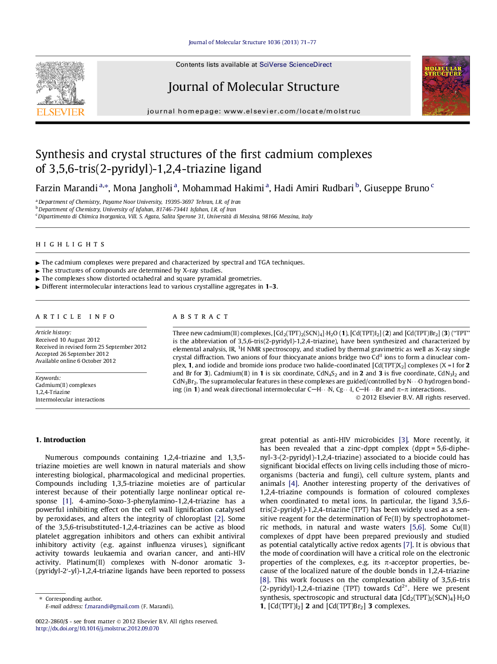 Synthesis and crystal structures of the first cadmium complexes of 3,5,6-tris(2-pyridyl)-1,2,4-triazine ligand