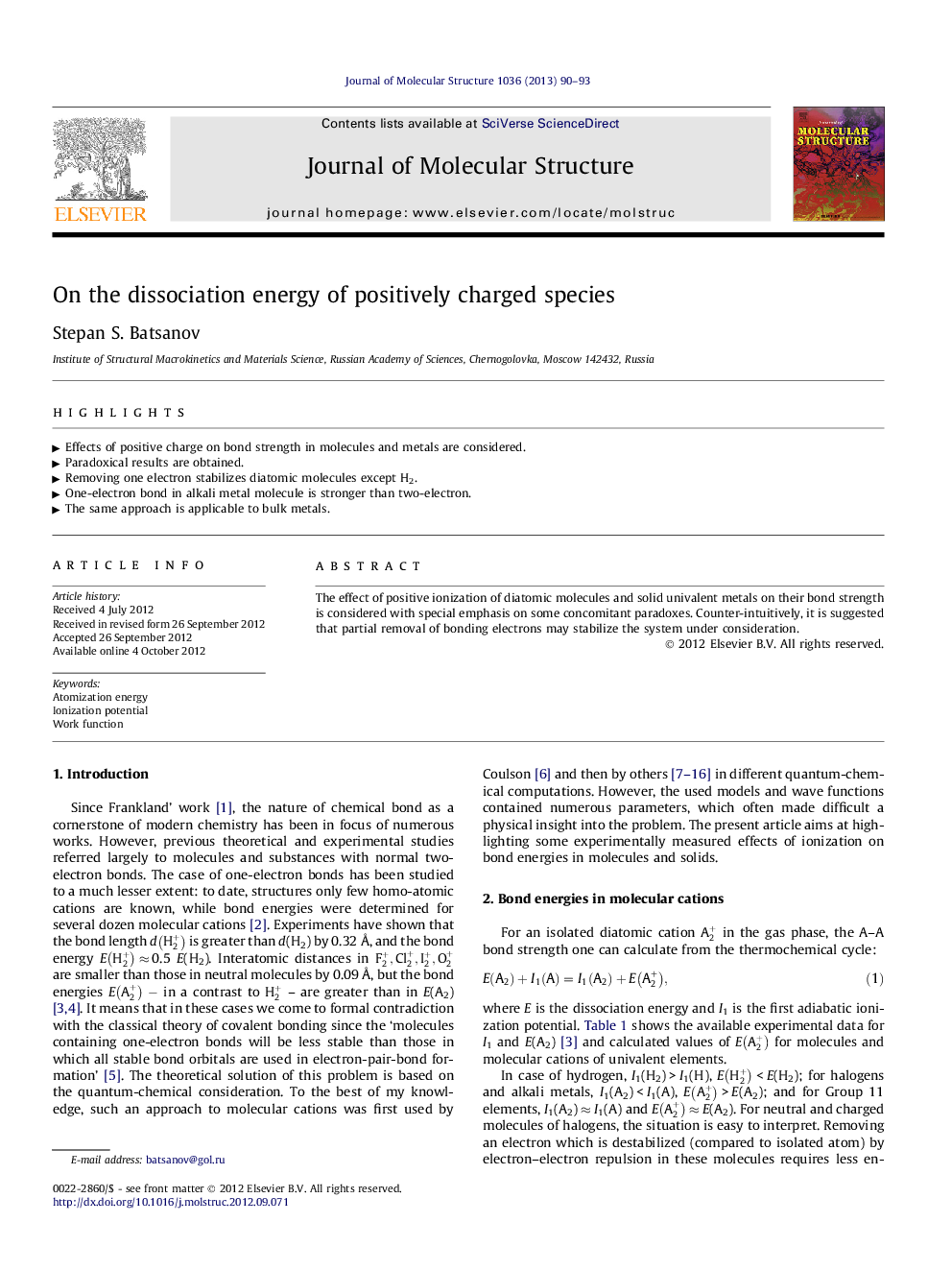 On the dissociation energy of positively charged species