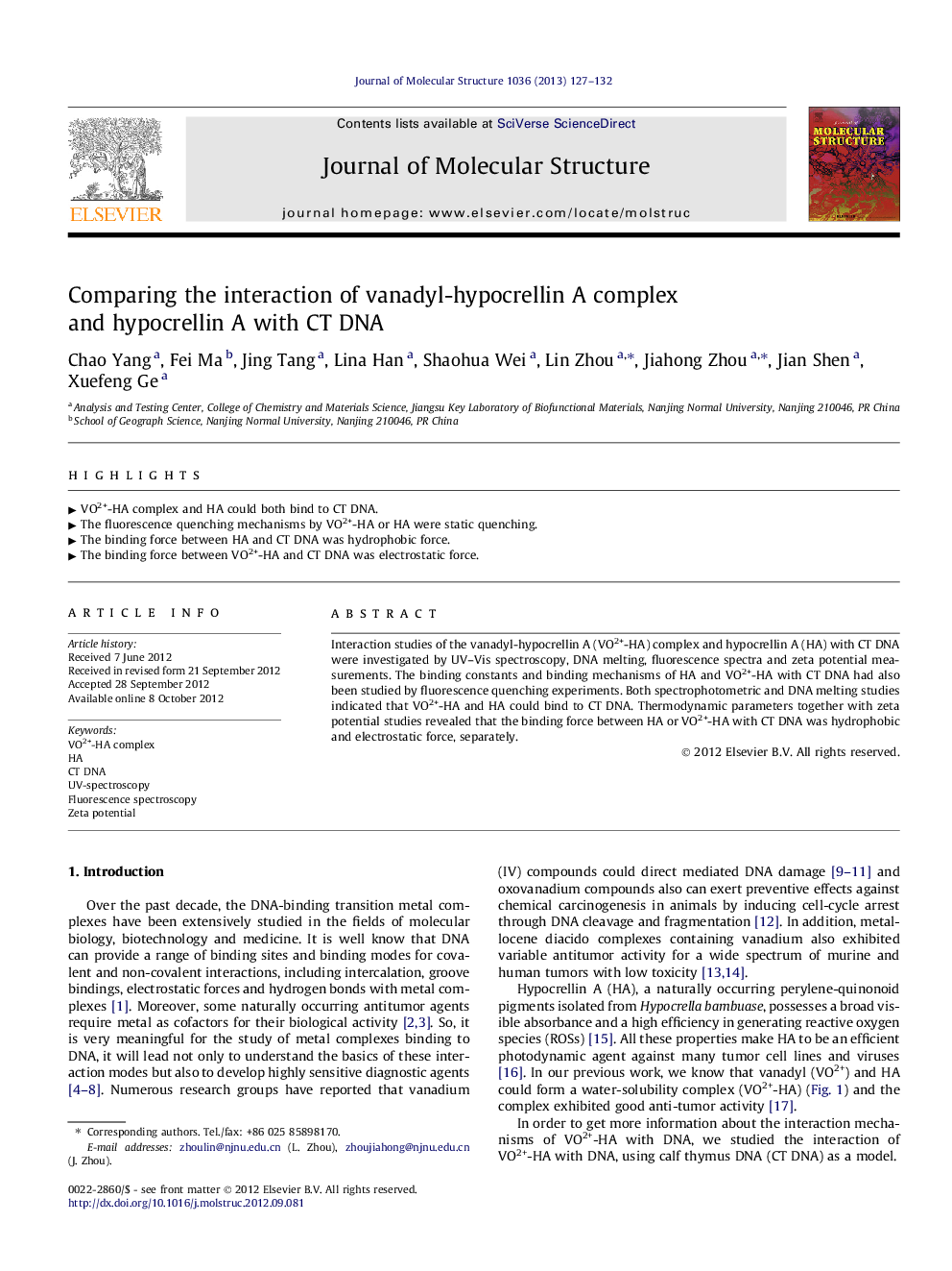 Comparing the interaction of vanadyl-hypocrellin A complex and hypocrellin A with CT DNA