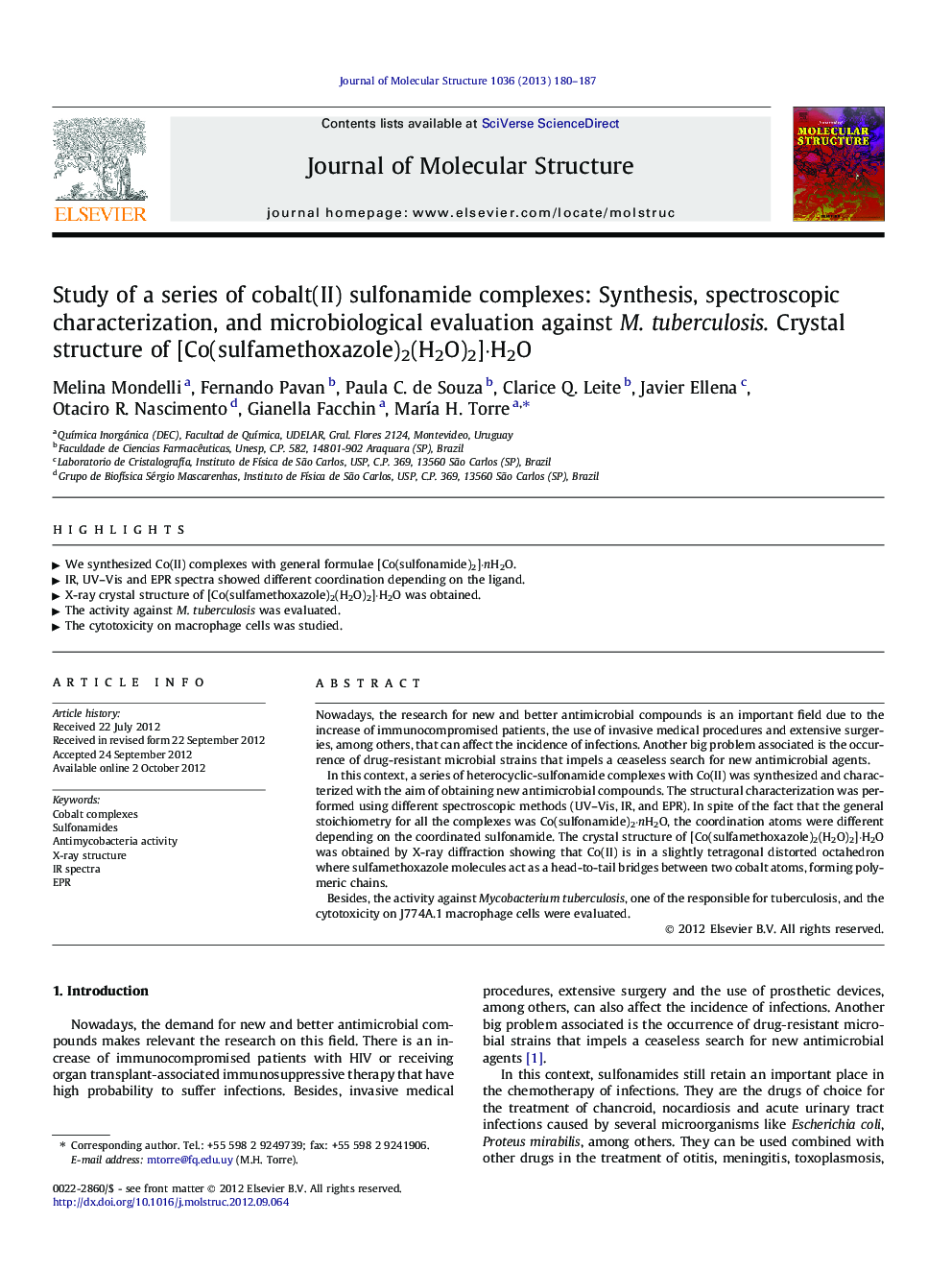 Study of a series of cobalt(II) sulfonamide complexes: Synthesis, spectroscopic characterization, and microbiological evaluation against M. tuberculosis. Crystal structure of [Co(sulfamethoxazole)2(H2O)2]·H2O