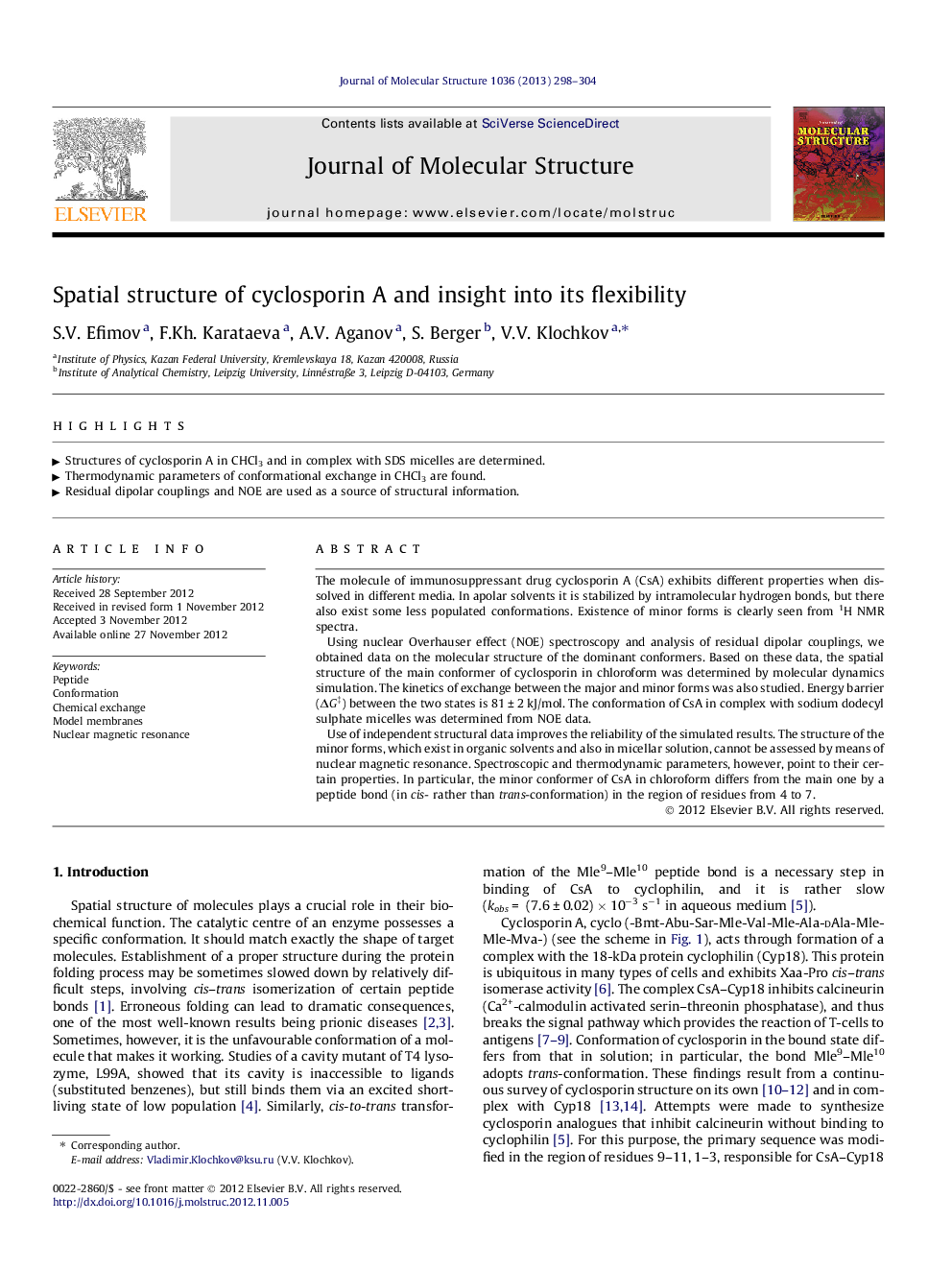 عکس صفحه اول مقاله: Spatial structure of cyclosporin A and insight into its flexibility Spatial structure of cyclosporin A and insight into its flexibility