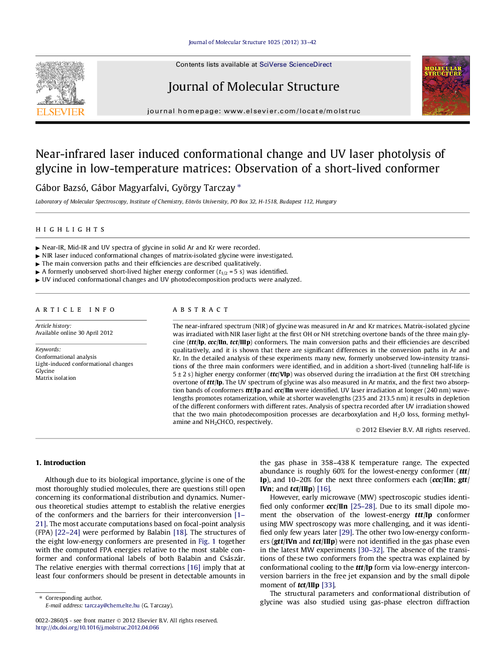 Near-infrared laser induced conformational change and UV laser photolysis of glycine in low-temperature matrices: Observation of a short-lived conformer