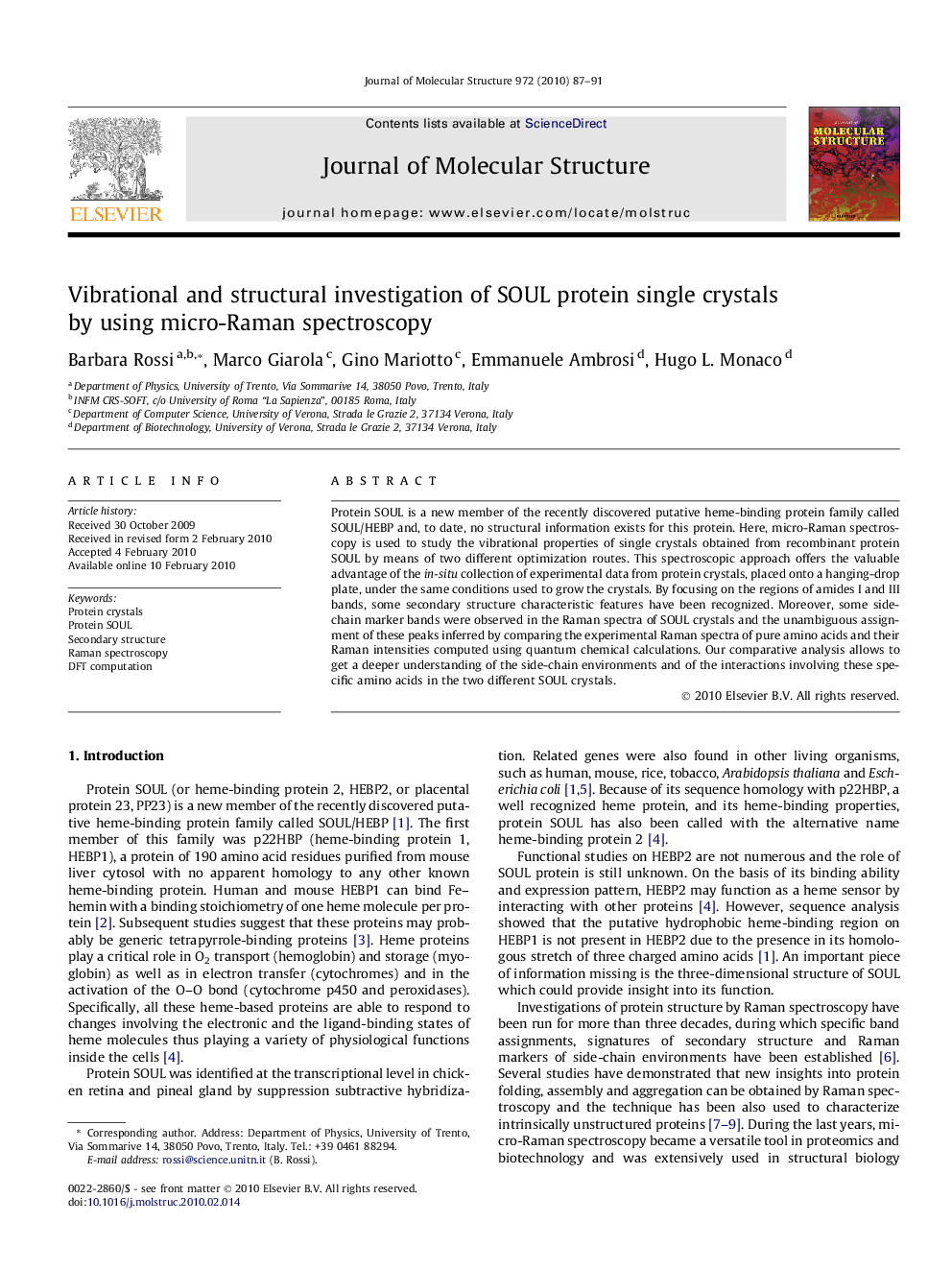 Vibrational and structural investigation of SOUL protein single crystals by using micro-Raman spectroscopy