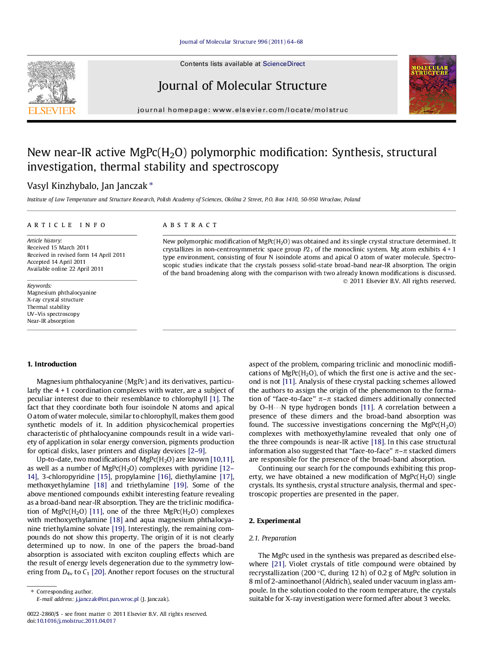 New near-IR active MgPc(H2O) polymorphic modification: Synthesis, structural investigation, thermal stability and spectroscopy