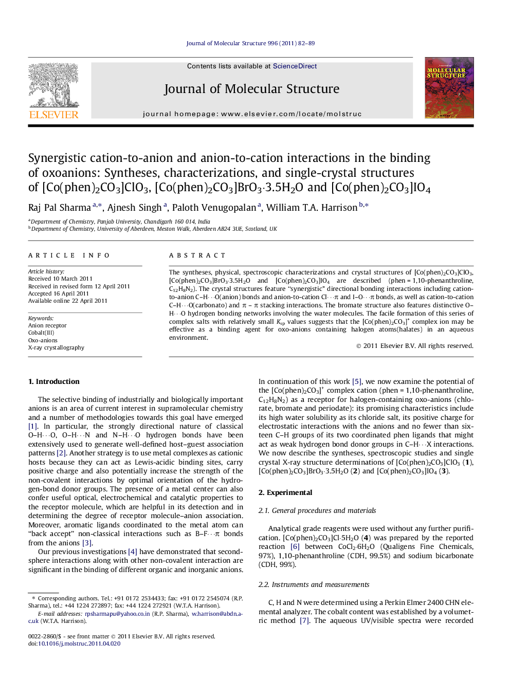 Synergistic cation-to-anion and anion-to-cation interactions in the binding of oxoanions: Syntheses, characterizations, and single-crystal structures of [Co(phen)2CO3]ClO3, [Co(phen)2CO3]BrO3Â·3.5H2O and [Co(phen)2CO3]IO4