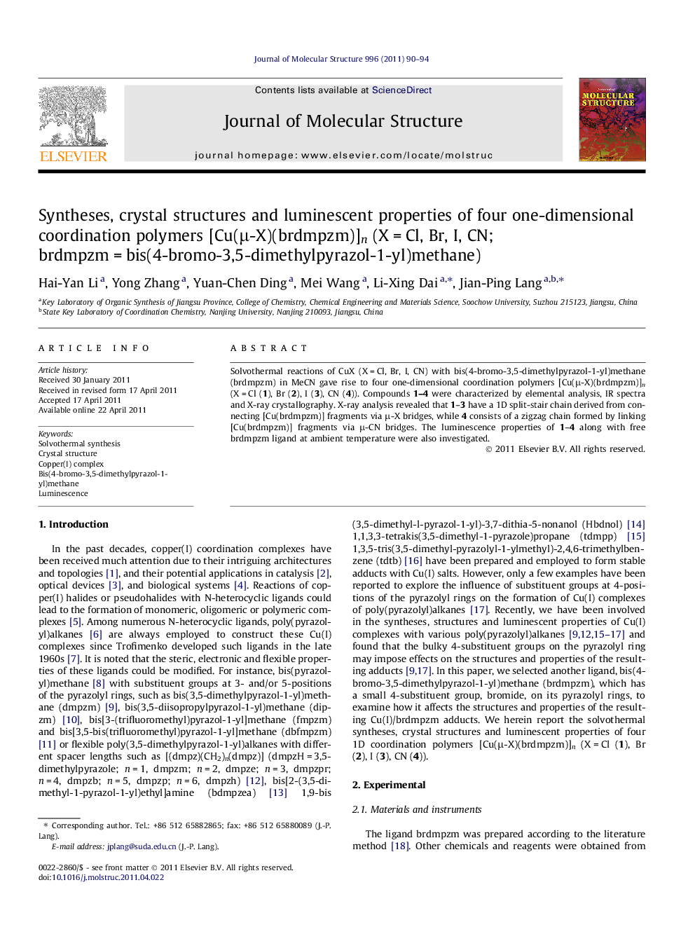 Syntheses, crystal structures and luminescent properties of four one-dimensional coordination polymers [Cu(μ-X)(brdmpzm)]n (X = Cl, Br, I, CN; brdmpzm = bis(4-bromo-3,5-dimethylpyrazol-1-yl)methane)