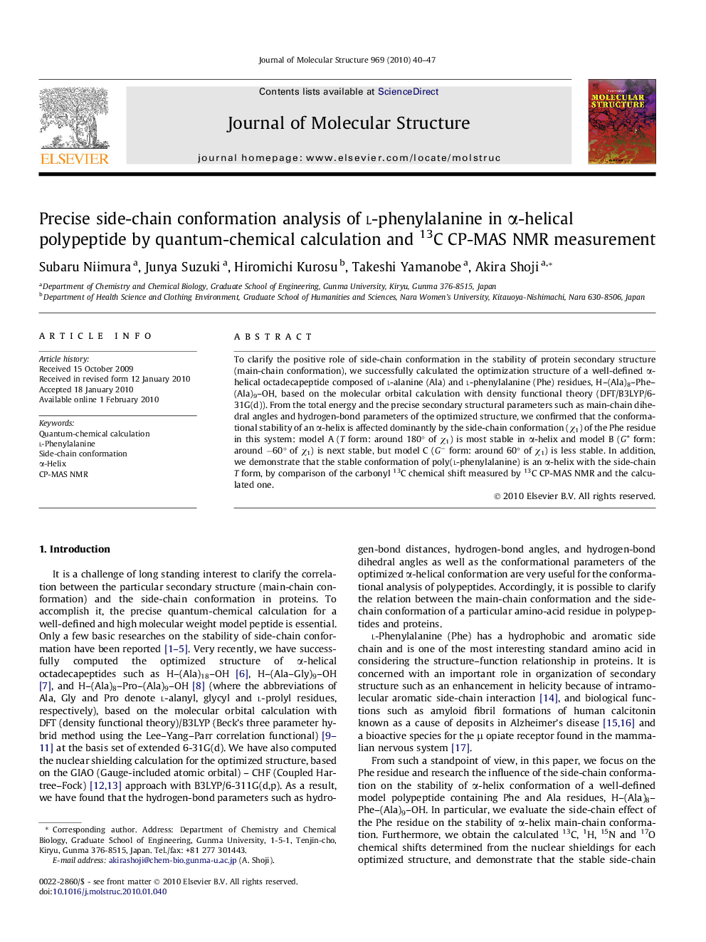 Precise side-chain conformation analysis of l-phenylalanine in Î±-helical polypeptide by quantum-chemical calculation and 13C CP-MAS NMR measurement