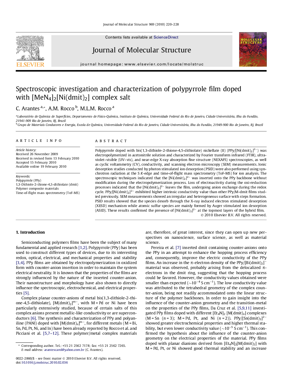 Spectroscopic investigation and characterization of polypyrrole film doped with [MeN4]2[Ni(dmit)2] complex salt