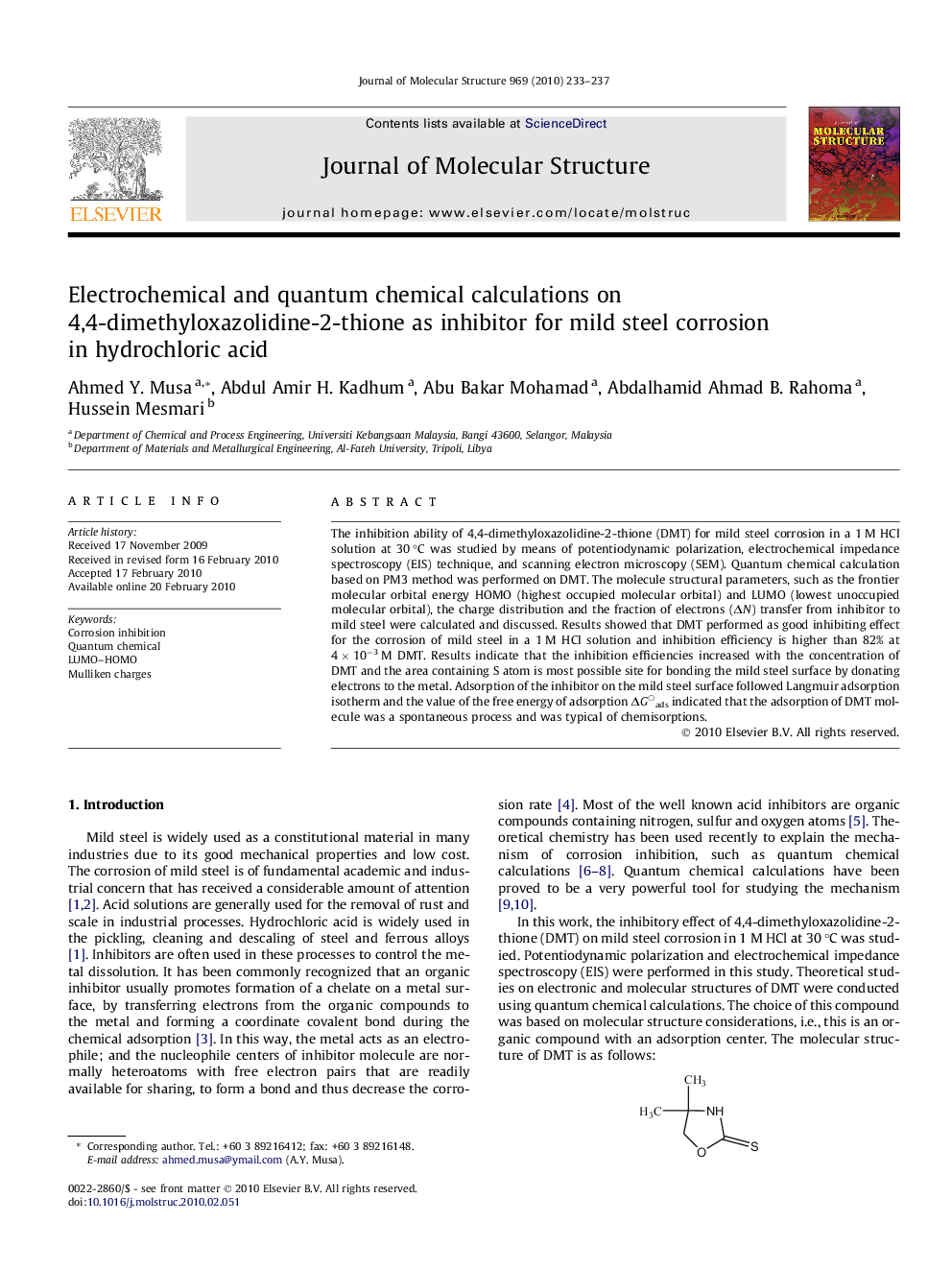 Electrochemical and quantum chemical calculations on 4,4-dimethyloxazolidine-2-thione as inhibitor for mild steel corrosion in hydrochloric acid