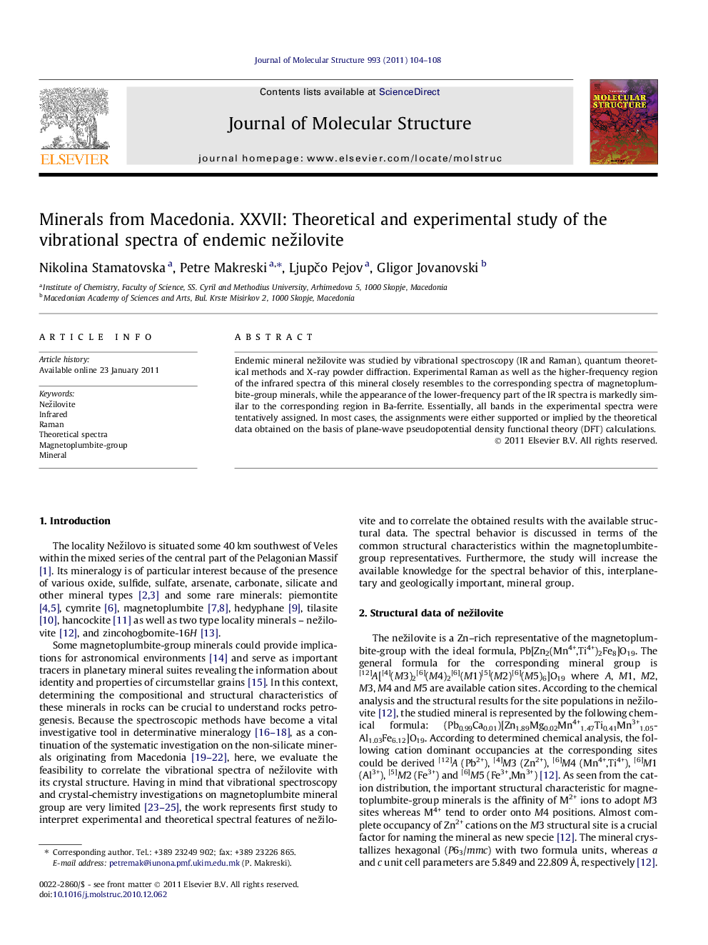 Minerals from Macedonia. XXVII: Theoretical and experimental study of the vibrational spectra of endemic nežilovite