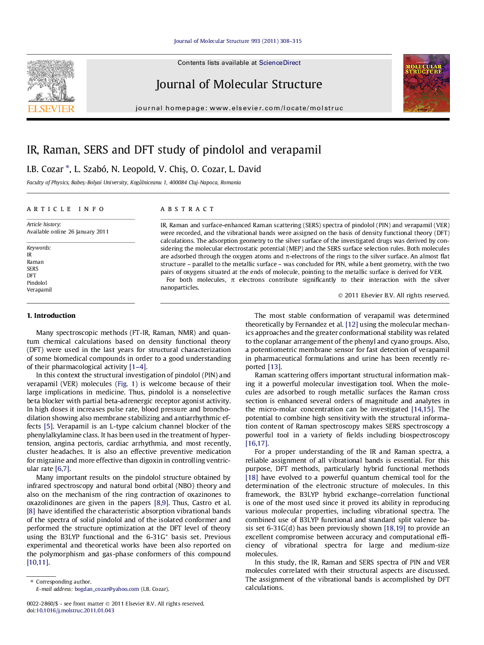 IR, Raman, SERS and DFT study of pindolol and verapamil