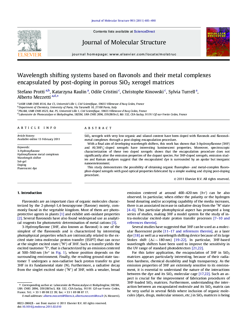 Wavelength shifting systems based on flavonols and their metal complexes encapsulated by post-doping in porous SiO2 xerogel matrices