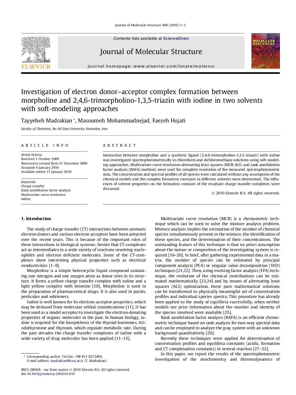 Investigation of electron donor–acceptor complex formation between morpholine and 2,4,6-trimorpholino-1,3,5-triazin with iodine in two solvents with soft-modeling approaches