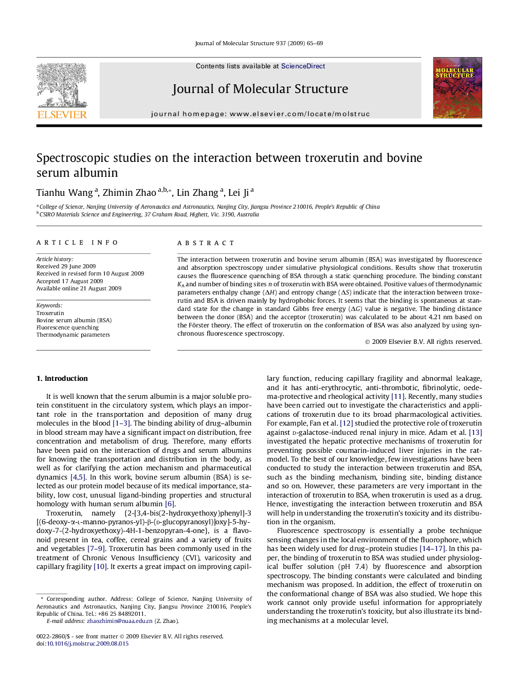 Spectroscopic studies on the interaction between troxerutin and bovine serum albumin