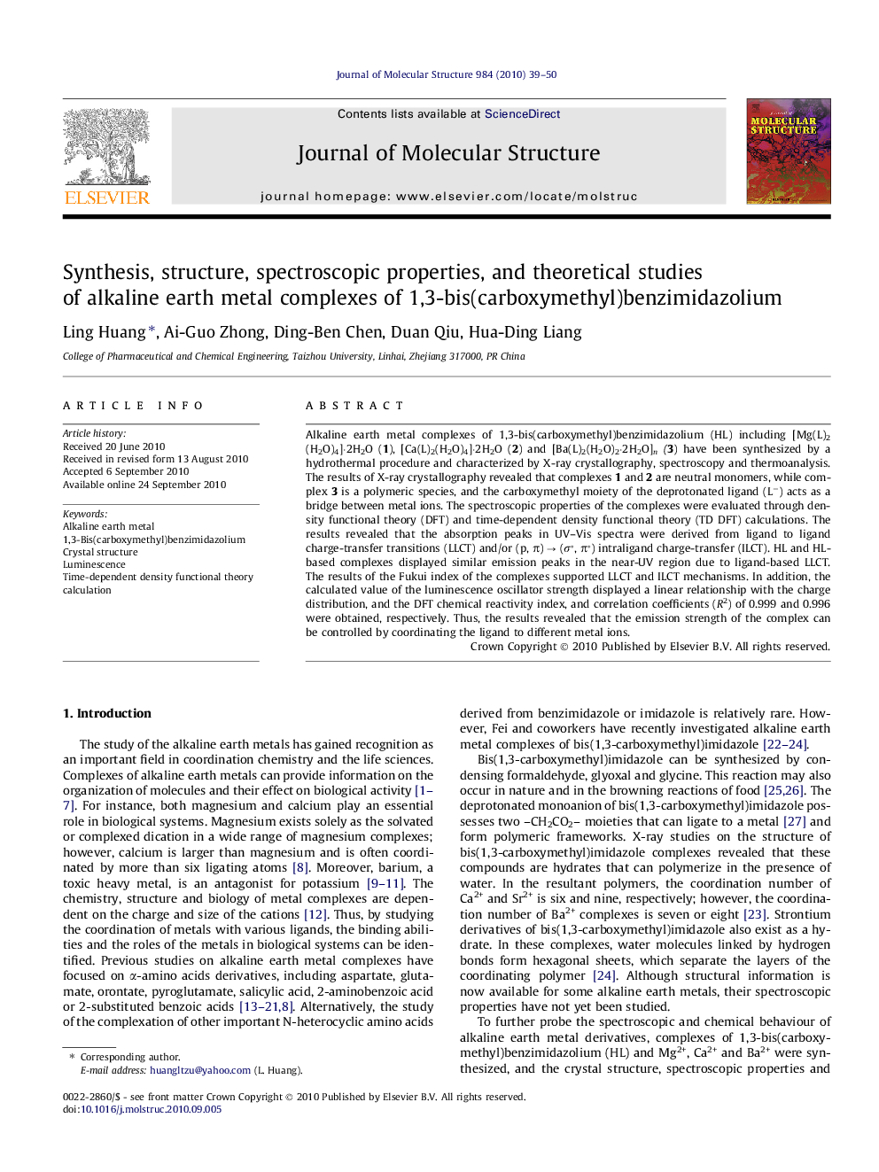 Synthesis, structure, spectroscopic properties, and theoretical studies of alkaline earth metal complexes of 1,3-bis(carboxymethyl)benzimidazolium