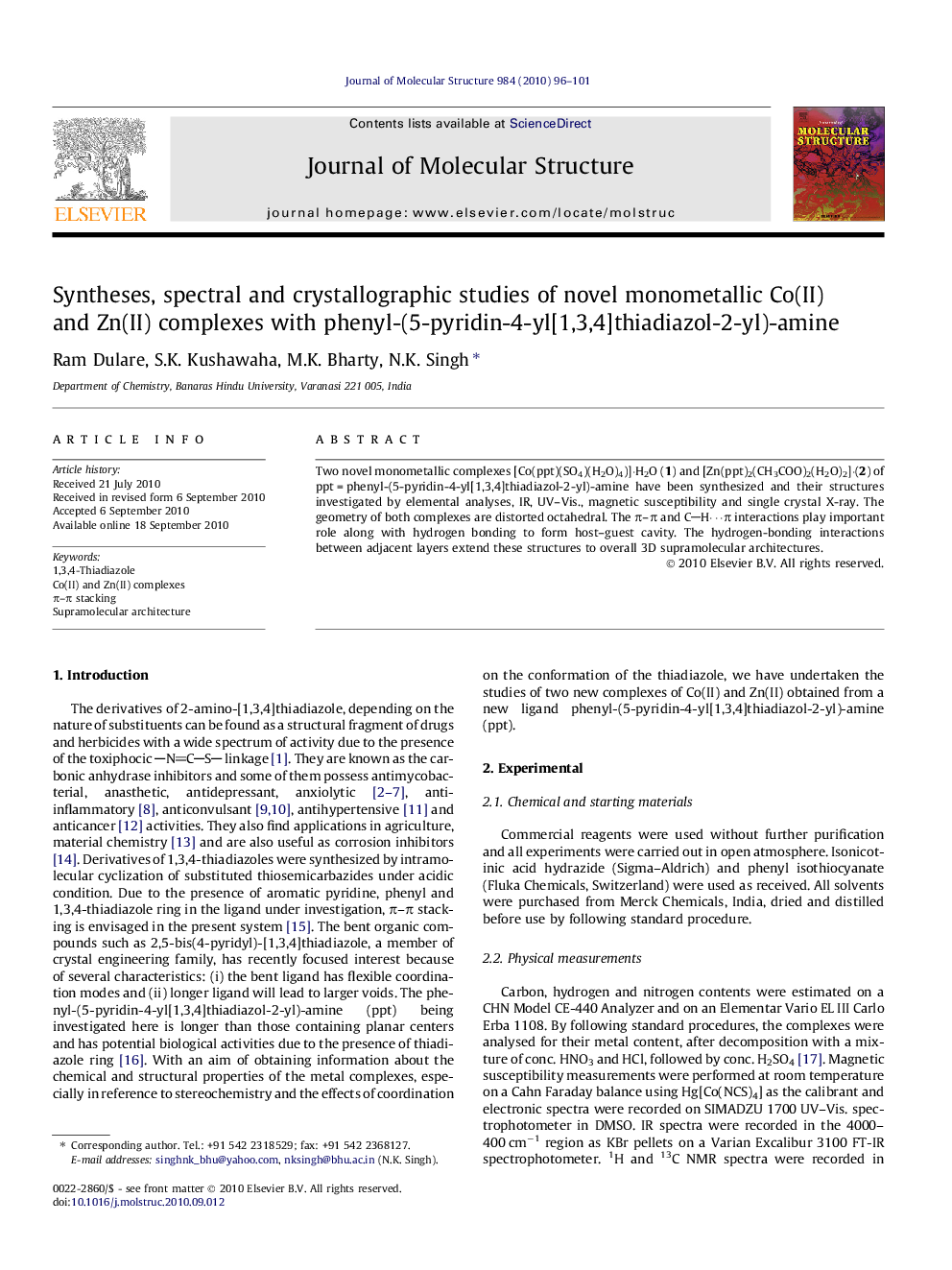 Syntheses, spectral and crystallographic studies of novel monometallic Co(II) and Zn(II) complexes with phenyl-(5-pyridin-4-yl[1,3,4]thiadiazol-2-yl)-amine