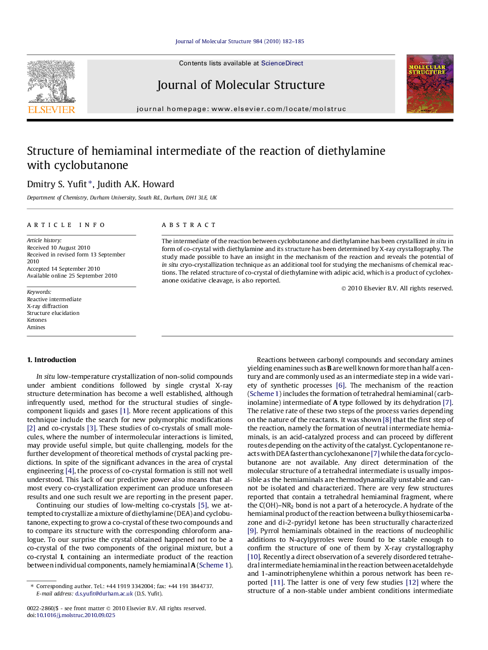 Structure of hemiaminal intermediate of the reaction of diethylamine with cyclobutanone