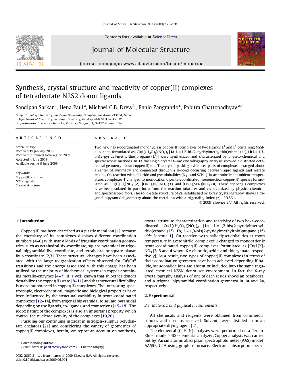 Synthesis, crystal structure and reactivity of copper(II) complexes of tetradentate N2S2 donor ligands