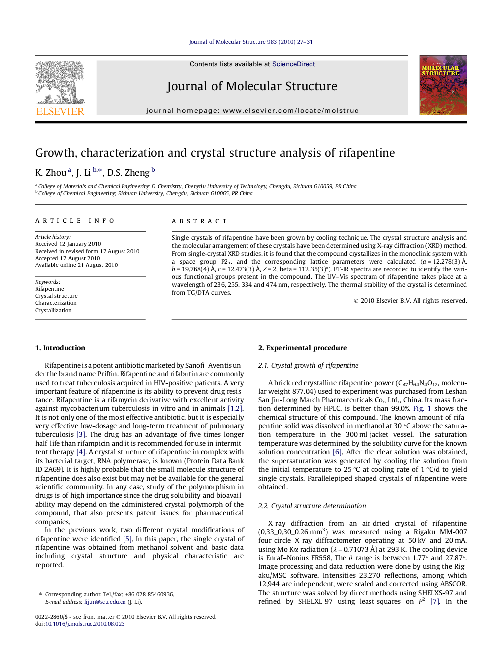 Growth, characterization and crystal structure analysis of rifapentine