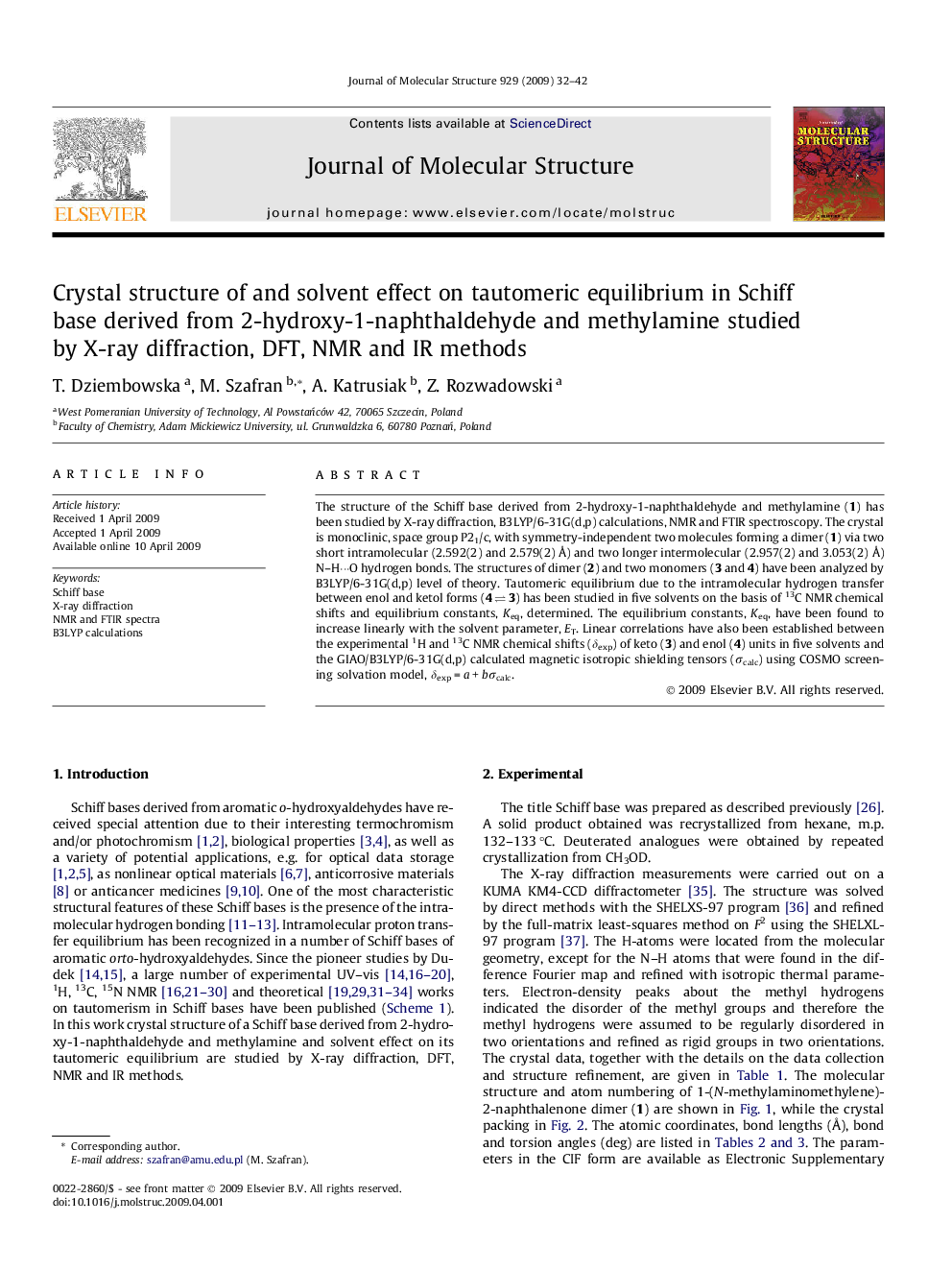 Crystal structure of and solvent effect on tautomeric equilibrium in Schiff base derived from 2-hydroxy-1-naphthaldehyde and methylamine studied by X-ray diffraction, DFT, NMR and IR methods