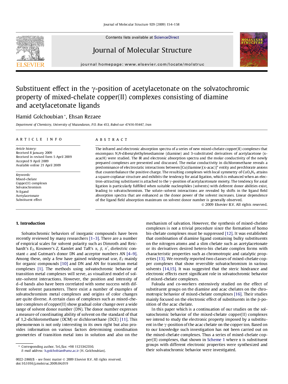 Substituent effect in the Î³-position of acetylacetonate on the solvatochromic property of mixed-chelate copper(II) complexes consisting of diamine and acetylacetonate ligands