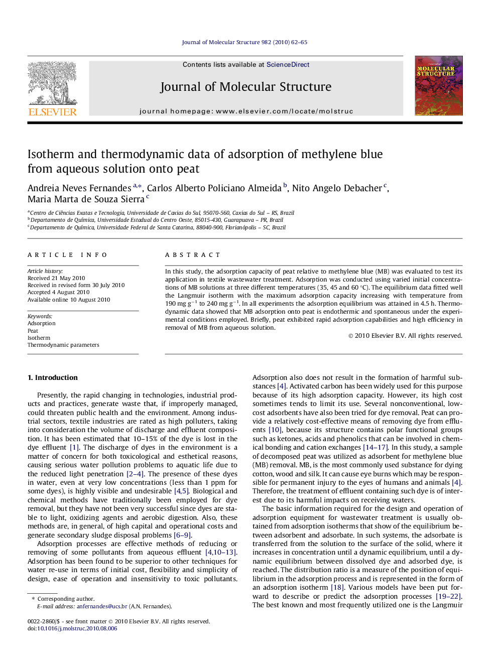 Isotherm and thermodynamic data of adsorption of methylene blue from aqueous solution onto peat