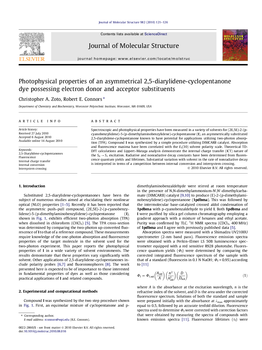 Photophysical properties of an asymmetrical 2,5-diarylidene-cyclopentanone dye possessing electron donor and acceptor substituents