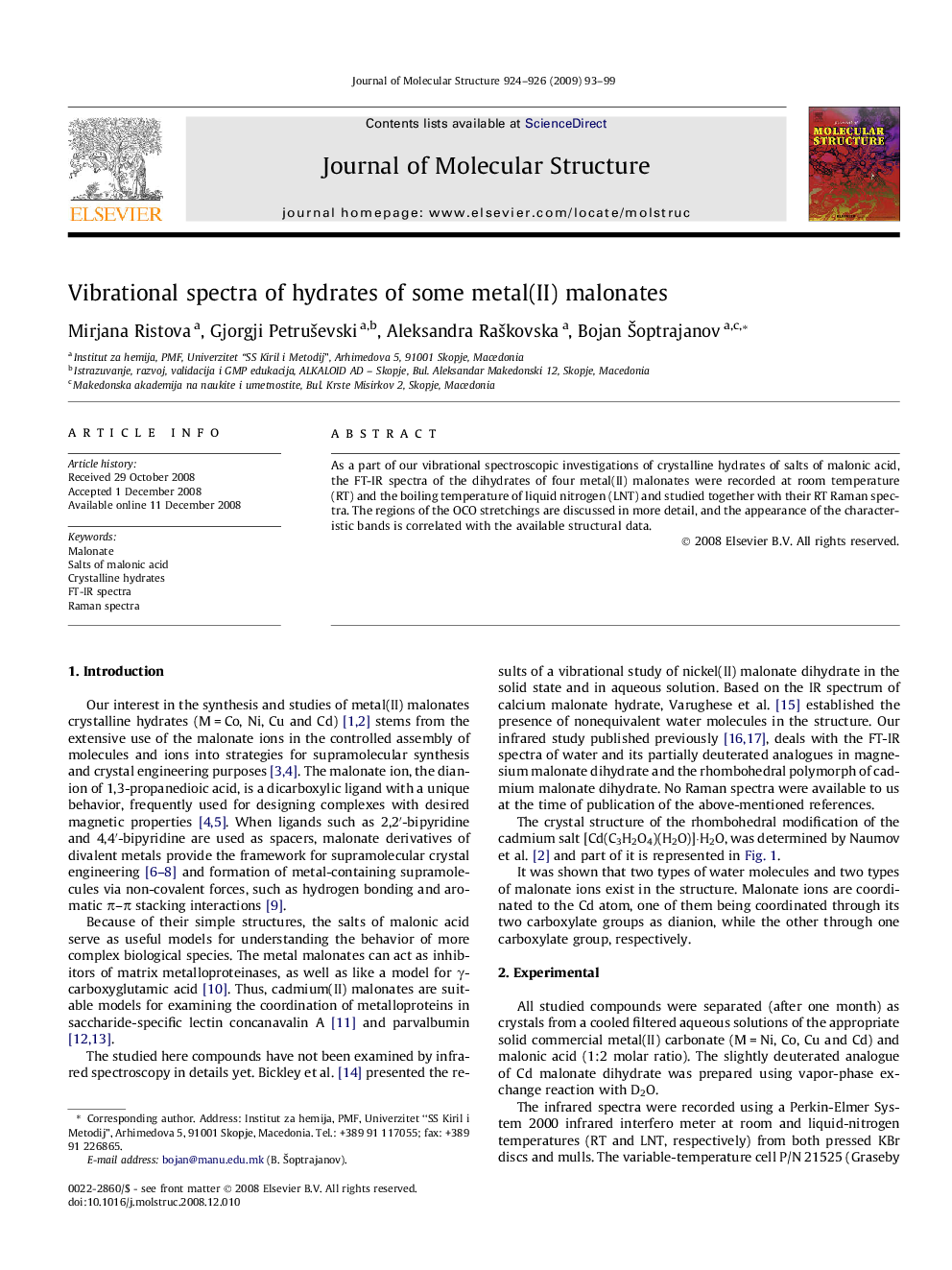 Vibrational spectra of hydrates of some metal(II) malonates