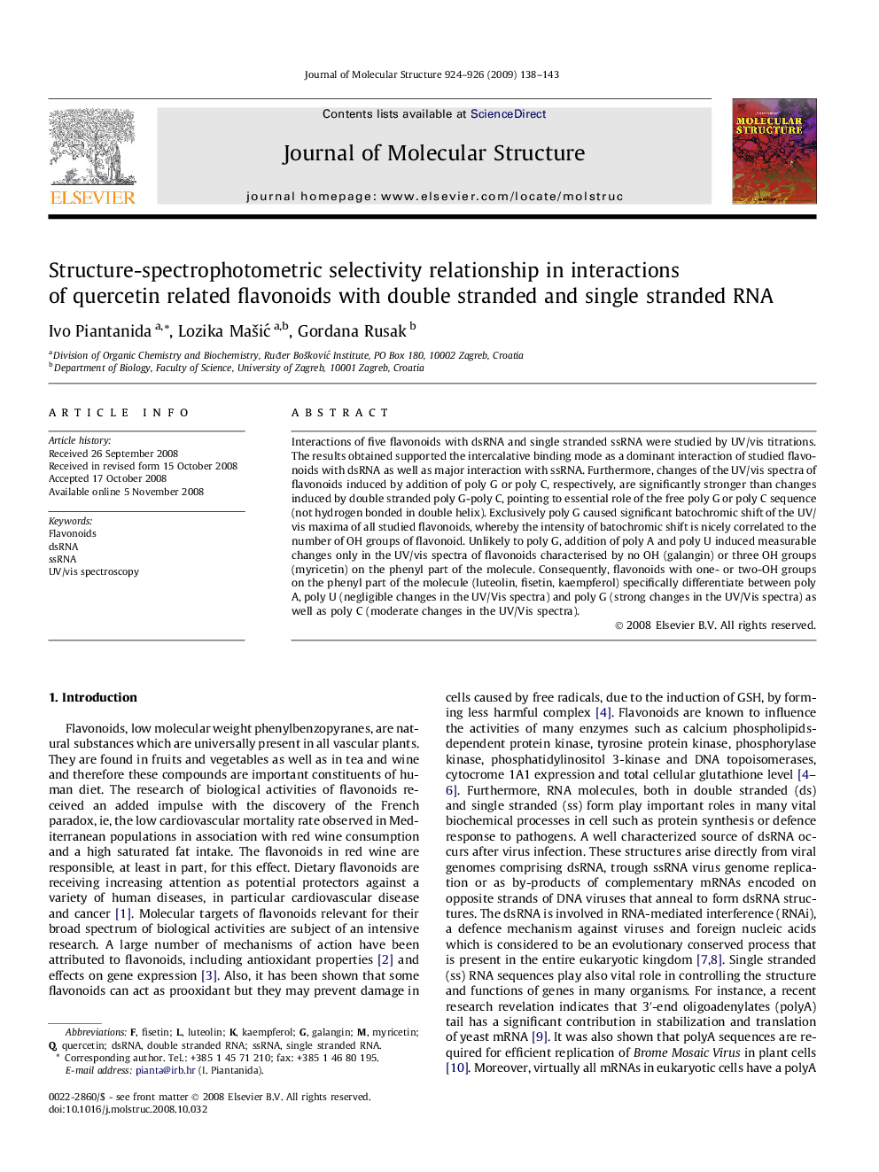 Structure-spectrophotometric selectivity relationship in interactions of quercetin related flavonoids with double stranded and single stranded RNA