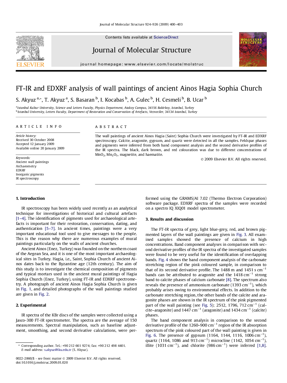 FT-IR and EDXRF analysis of wall paintings of ancient Ainos Hagia Sophia Church