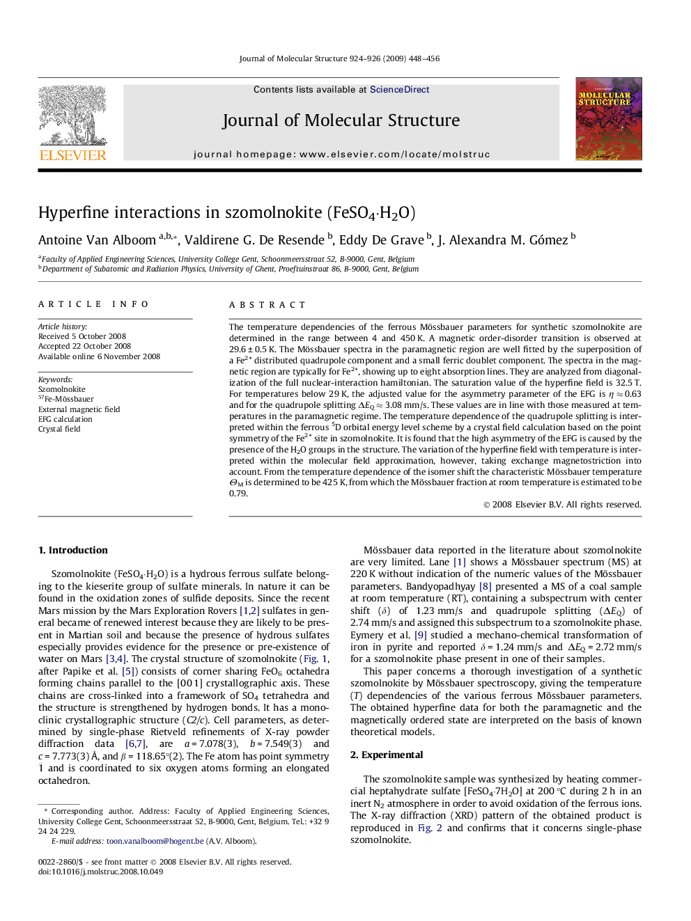 Hyperfine interactions in szomolnokite (FeSO4Â·H2O)