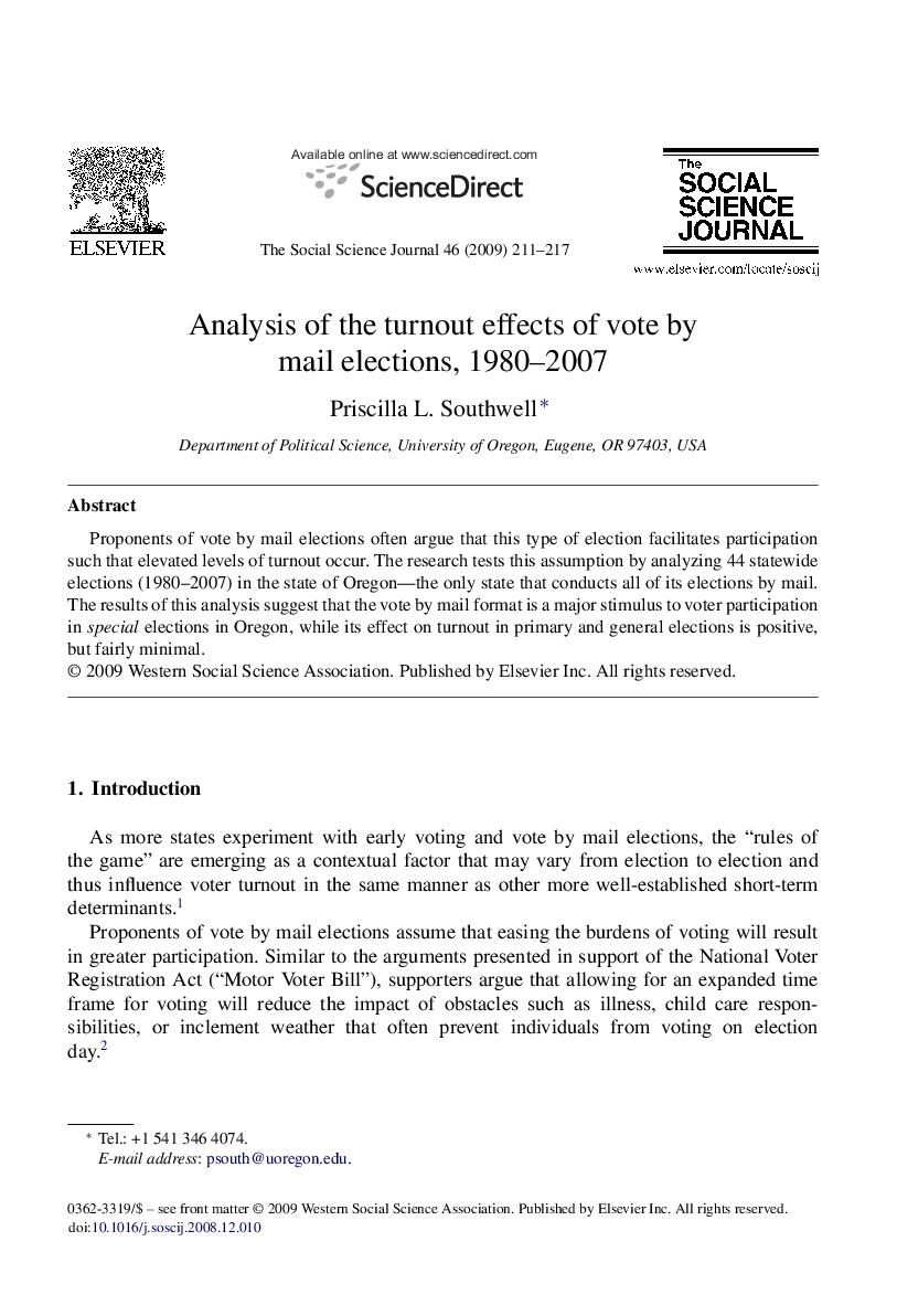 Analysis of the turnout effects of vote by mail elections, 1980–2007