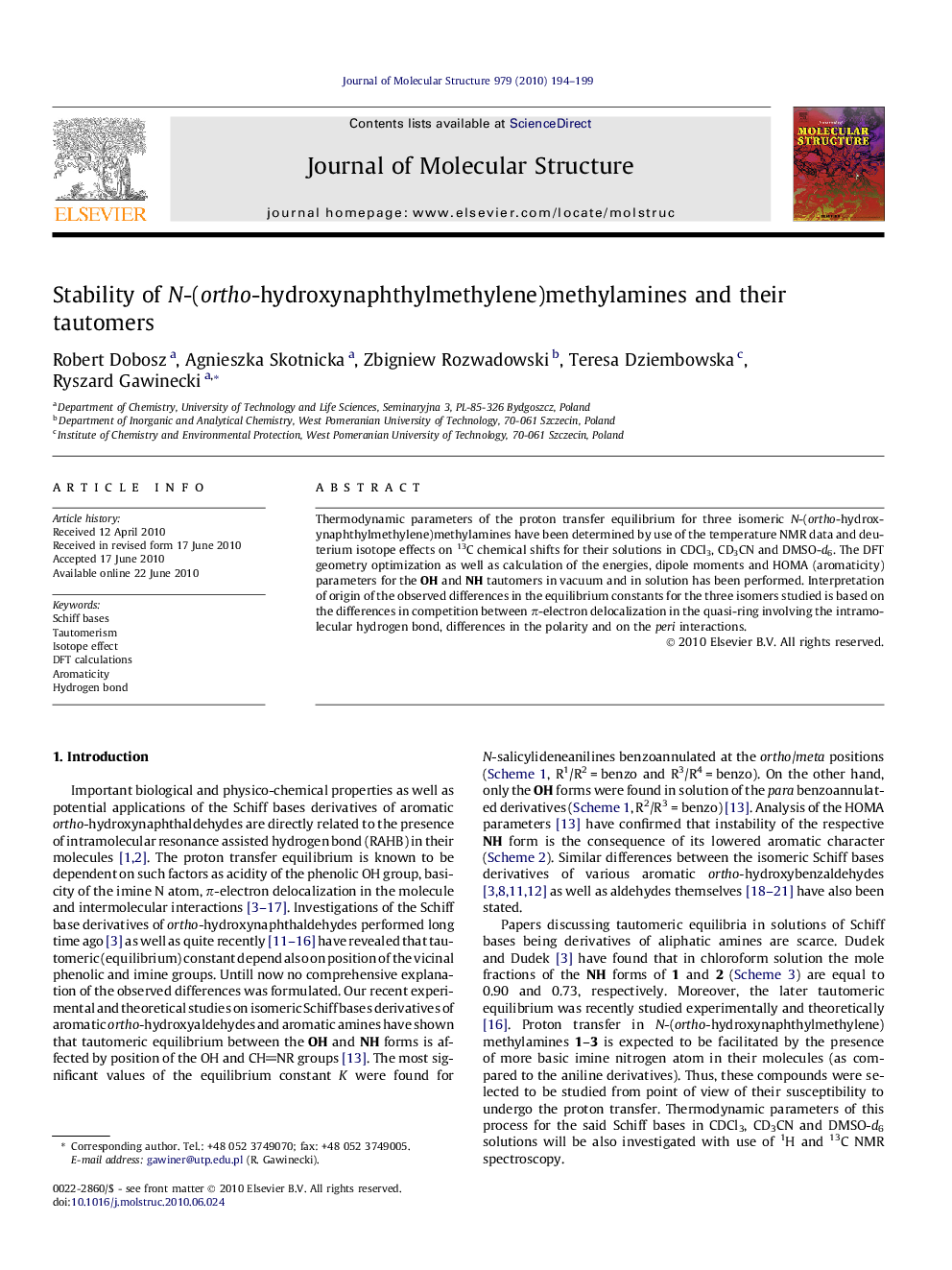 عکس صفحه اول مقاله: Stability of N-(ortho-hydroxynaphthylmethylene)methylamines and their tautomers Stability of N-(ortho-hydroxynaphthylmethylene)methylamines and their tautomers