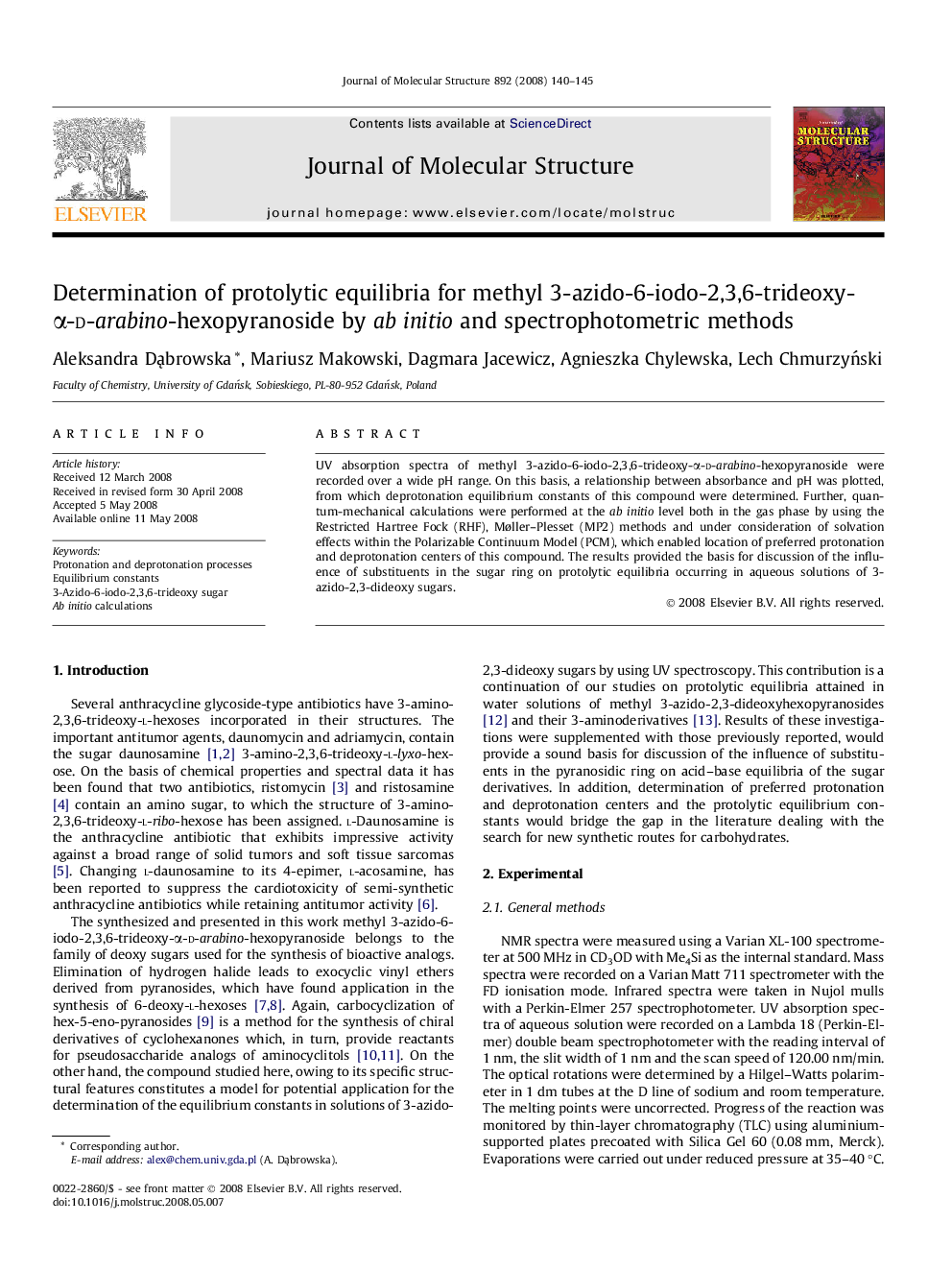 Determination of protolytic equilibria for methyl 3-azido-6-iodo-2,3,6-trideoxy-α-d-arabino-hexopyranoside by ab initio and spectrophotometric methods