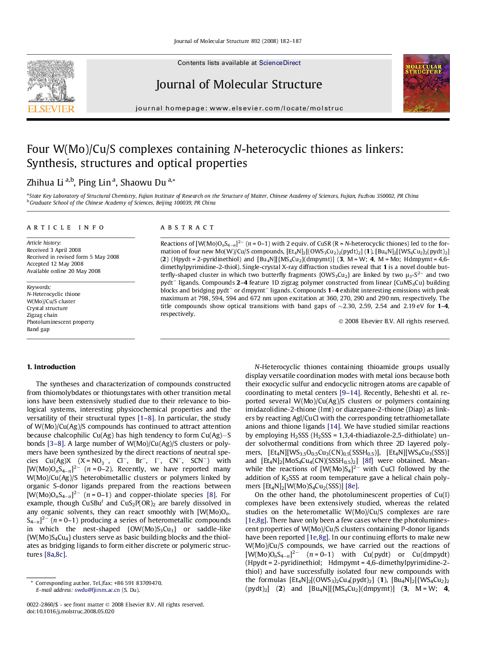 Four W(Mo)/Cu/S complexes containing N-heterocyclic thiones as linkers: Synthesis, structures and optical properties